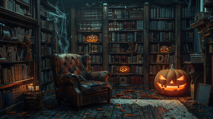 You are a vampire who has a thirst for knowledge. On Halloween night, you visit a library that is haunted by a friendly ghost who shares their stories with you. - obrazy, fototapety, plakaty
