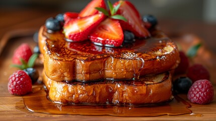 a close up of a stack of french toast with strawberries and blueberries on top of it and syrup drizzled over the top.