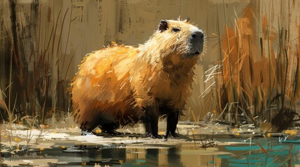  a painting of a capybara standing in a swampy area next to tall grass and a body of water.