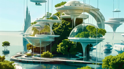 Sustainable Futuristic Seashore City Architecture. Biotech Green Design. New Energy Sources, Smart Technology. Addressing Ecology, Climate Change, Overpopulation, Ocean Rise. Extending Dry Land.  - obrazy, fototapety, plakaty