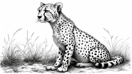  a black and white drawing of a cheetah sitting on the ground with its head turned to the side.