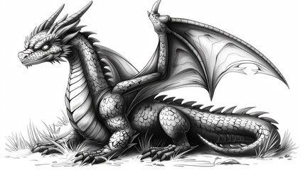  a black and white drawing of a dragon sitting on the ground with its wings spread out and its eyes closed. - obrazy, fototapety, plakaty