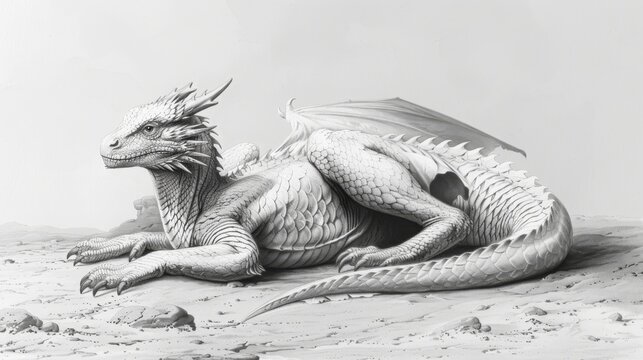  a black and white photo of a dragon laying on the ground with its wings spread out and it's eyes closed.
