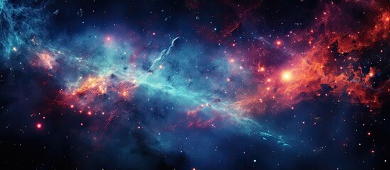 The atmosphere of the sky resembles a galaxy filled with astronomical objects and stars in shades of purple, magenta, and electric blue, creating a stunning work of art in space - obrazy, fototapety, plakaty
