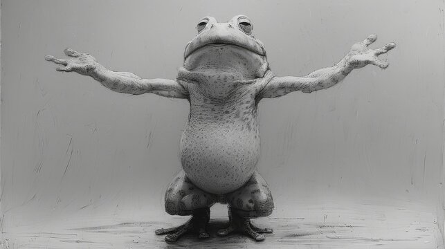  a black and white photo of a frog sitting on its hind legs with it's arms spread wide open.