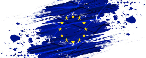European Union Flag in Brush Paint Style with Halftone Effect. Flag of Europe with Grunge Concept - obrazy, fototapety, plakaty