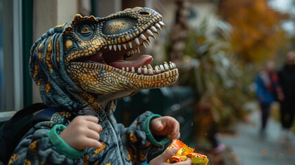 A child wearing a dinosaur costume roars at the neighbors who give him candy.