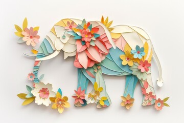 A side view of an elephant adorned with floral decorative elements, created in a paper style with pastel colors.