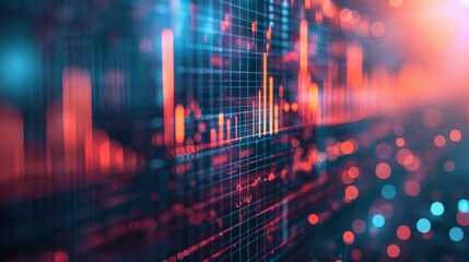 a blurred close-up view of a financial stock market graph on a digital screen with various data points and trend lines - obrazy, fototapety, plakaty