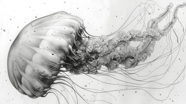  A Black And White Photo Of A Jellyfish In The Water With Bubbles On It's Back Legs And Head.