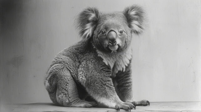  a black and white photo of a koala sitting on the ground with its head on the back of a koala.