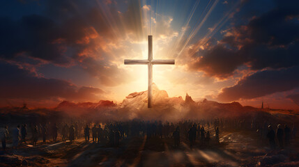 image with a large group of people standing under the cross in the sun - obrazy, fototapety, plakaty