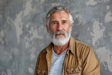 A man with a beard and gray hair is wearing a jacket. He is smiling and looking at the camera. portrait of confident bearded elderly man in casual clothes with gray hair and mustache looking at camera
