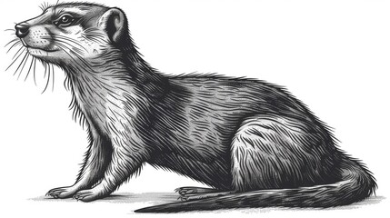  a black and white drawing of a ferret sitting on the ground, looking up at something in the distance.