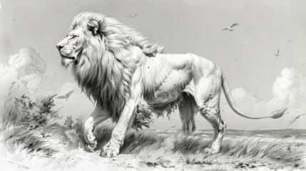  a black and white drawing of a lion standing in a field with a flock of birds flying in the background.