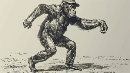  a black and white drawing of a chimpan standing on one leg and a baseball cap on his head. - obrazy, fototapety, plakaty