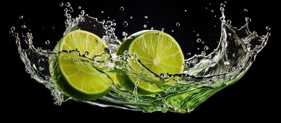 Two citrus fruit slices, possibly Rangpur or sweet lemon, are dropping into water creating a refreshing splash. This event showcases the natural beauty of this terrestrial plant ingredient