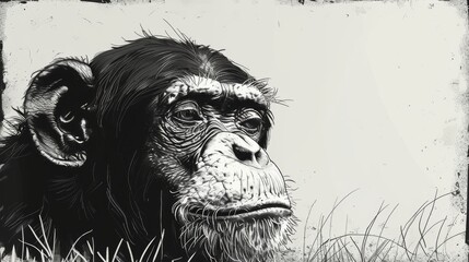  a black and white drawing of a chimpan in a field of grass looking at the camera with a serious look on his face.