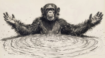  a drawing of a chimpan sitting in a pool of water with his arms stretched out to the side.