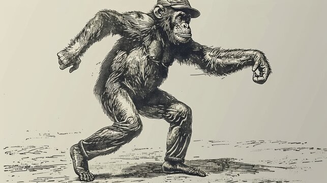  a black and white drawing of a chimpan standing on one leg and a baseball cap on his head.