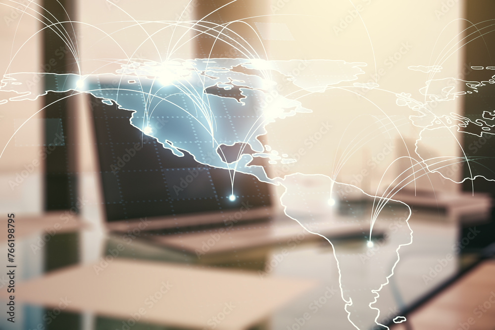 Aufkleber double exposure of abstract digital world map with connections on computer background, big data and 