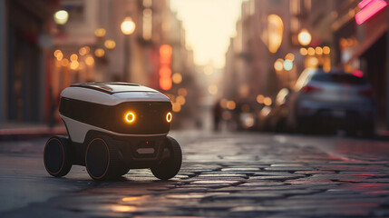 Autonomous food delivery robot on a blurred city street background.Modern package delivery bot