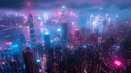 A futuristic cityscape dominated by sleek skyscrapers, illuminated by neon lights, showcasing advanced AI-driven transportation systems