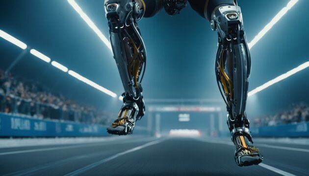 A robotic sprinter crouched at the starting blocks, its advanced mechanical limbs powered up for an explosive demonstration of speed and agility in a high-tech athletic competition.