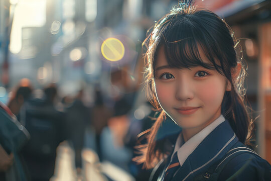 A detailed image of a beautiful girl in a school uniform, her eyes reflecting the warm light as she smiles at the camera on a city street