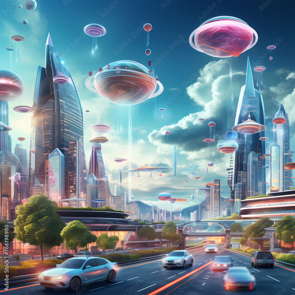 Canvas Prints Futuristic city skyline with flying cars and holograms