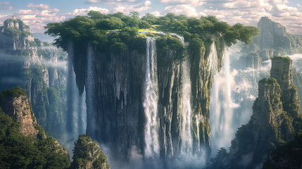 A gigantic waterfall cascading down from a floating island above, with a scientist studying its...