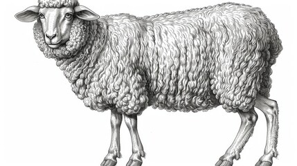  a black and white drawing of a sheep looking at the camera with a sad look on it's face.