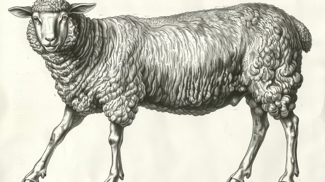  a black and white drawing of a sheep on a sheet of paper with a pen in it's mouth.