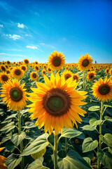 Vibrant sunflower field at sunrise. Perfect for nature themes, background visuals, wellness blogs, or agricultural marketing.