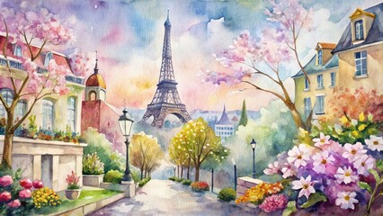 Peaceful Parisian street by the Eiffel Tower - Depicting a tranquil Parisian street in the spring, this watercolor painting features the Eiffel Tower and vibrant flowers creating an atmosphere of peac - obrazy, fototapety, plakaty