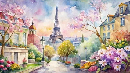 Fotobehang Peaceful Parisian street by the Eiffel Tower - Depicting a tranquil Parisian street in the spring, this watercolor painting features the Eiffel Tower and vibrant flowers creating an atmosphere of peac © Mickey
