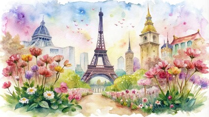Watercolor of Eiffel Tower surrounded by spring flora - Whimsical watercolor illustration of the Eiffel Tower surrounded by a burst of spring flowers and a whimsical city backdrop