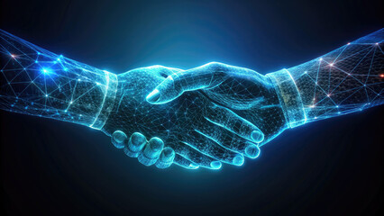 Digital handshake in a network of connections - Digital graphic of a handshake composed of blue glowing lines and dots, symbolizing connectivity and business agreements - obrazy, fototapety, plakaty