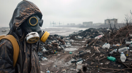 A person in a hazmat suit is standing in a trash-filled area - 766199178