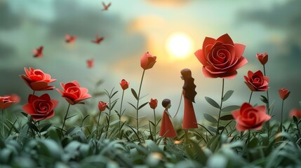 red roses on a meadow at sunset.