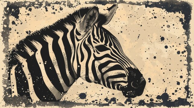  a black and white picture of a zebra's head with spots on it's skin and a grungy background.