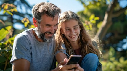 A man and a girl are looking at a cell phone together