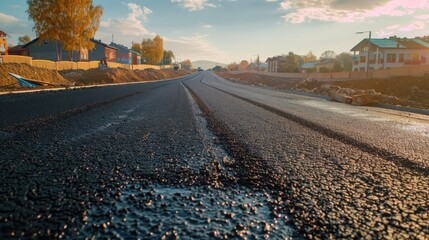 A road with a lot of potholes and a house in the background - 766199356