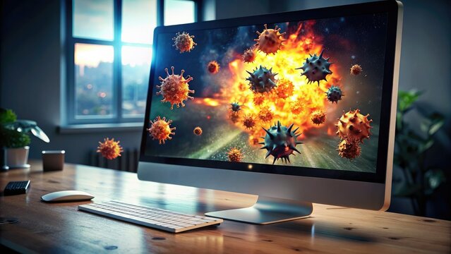 Explosive virus depiction on a home computer - The image shows a computer screen exhibiting an explosive representation of viruses, depicting the destructive nature of pandemics