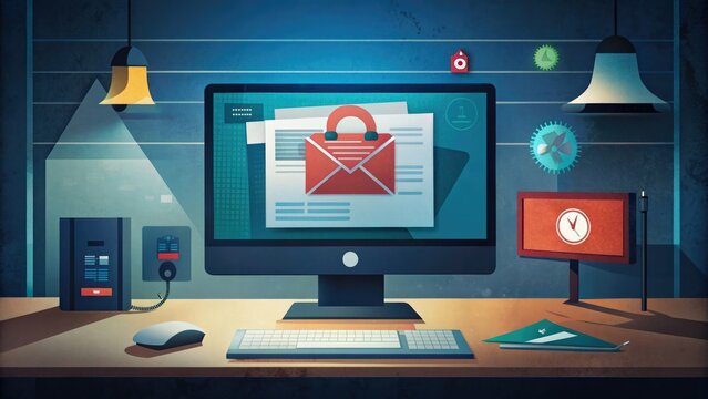 Illustrated desktop computer with email icon - An illustrative desktop computer with an email and security alert, depicting concepts of data protection