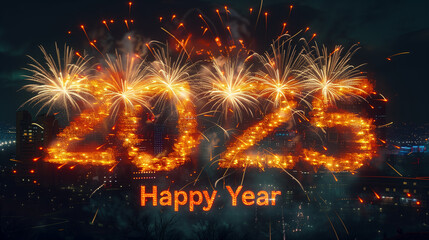 A dazzling fireworks display lights up the night sky, spelling out happy year 2055 in vibrant colors, creating a festive and joyous atmosphere