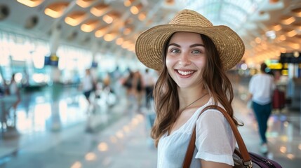 A woman wearing a straw hat and smiling in a busy airport - 766199561