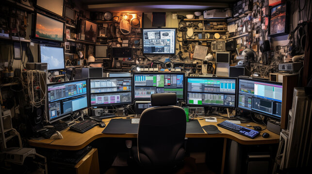 the office of a programmer or IT specialist, lots of monitors