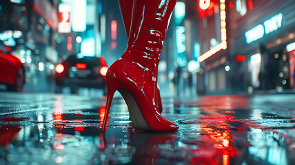 women's red high heel shoes in city at night.