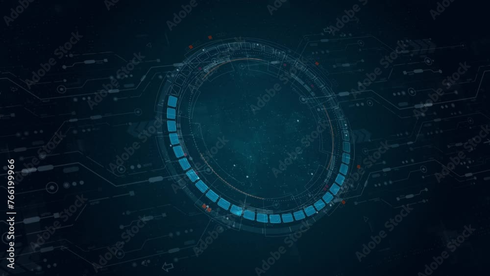 Poster motion graphic of blue digital circle futuristic hud elements with flowing arrows with rotation circ